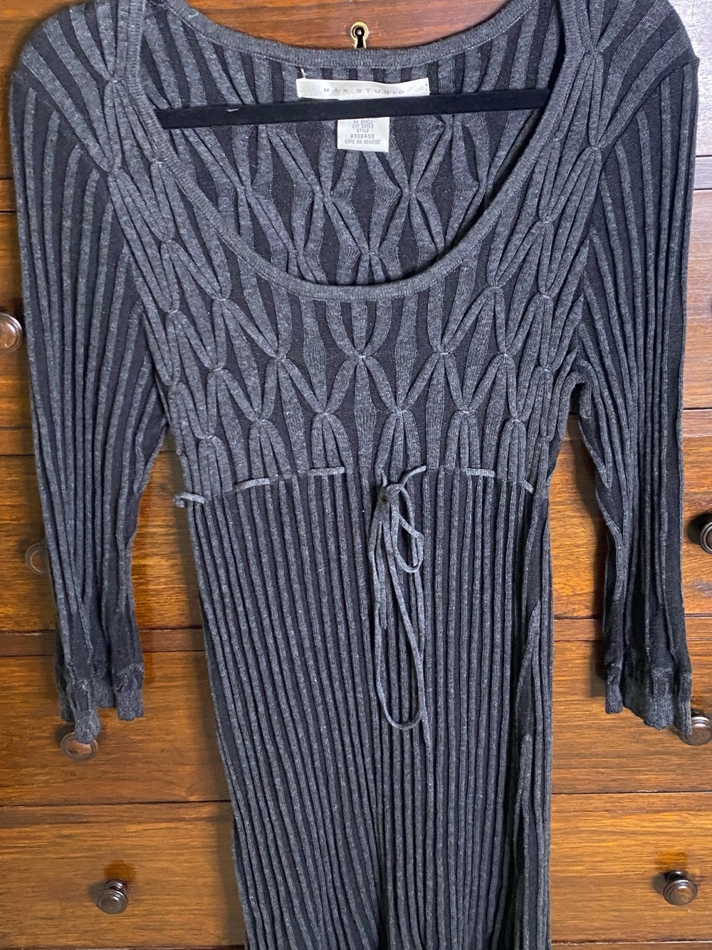 Max Studio Charcoal Ribbed Knit Midi Dress with Waist Tie